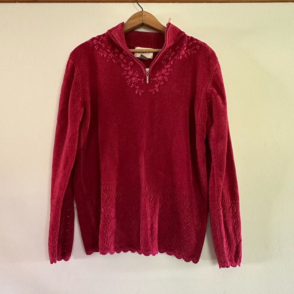 Vintage Raspberry Pink Women's Embroidered Quarter Zip Sweater - Picture 1 of 11